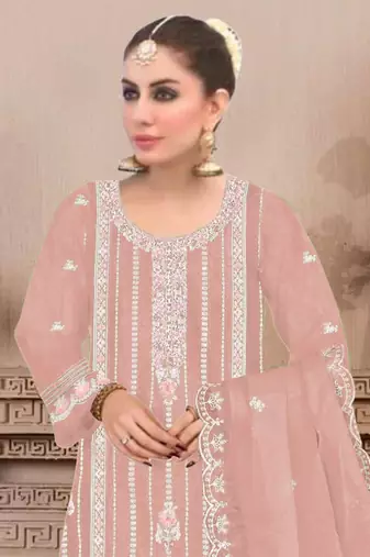 Peach embroidered viscose chinon salwar suit