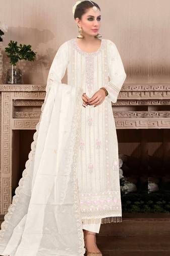 White embroidered viscose chinon semi stitched salwar suit