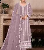 Purple embroidered viscose chinon semi stitched salwar suit
