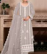 Light grey embroidered viscose chinon semi stitched salwar suit
