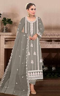Dark grey embroidered viscose chinon salwar suit 1