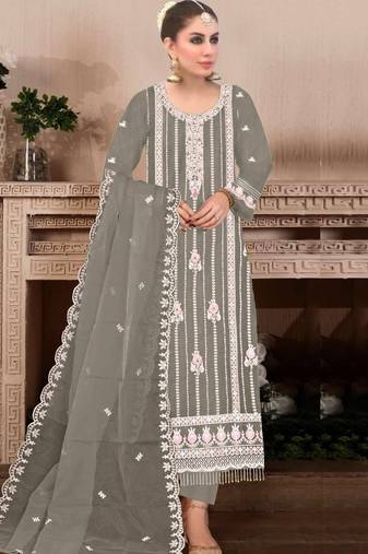 Dark grey embroidered viscose chinon semi stitched salwar suit