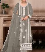 Dark grey embroidered viscose chinon semi stitched salwar suit