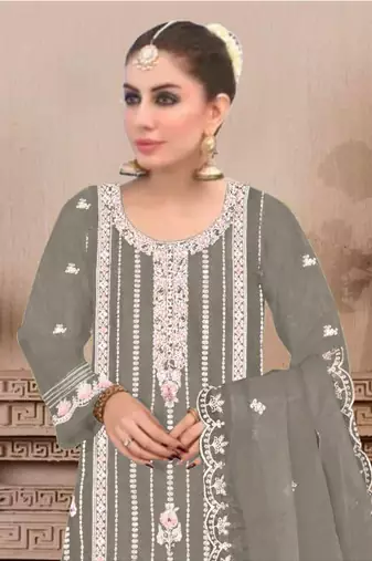 Dark grey embroidered viscose chinon salwar suit