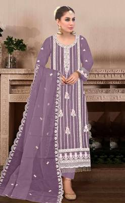 Lavender embroidered viscose chinon salwar suit 1