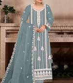 Light teal embroidered viscose chinon semi stitched salwar suit