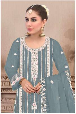 Light teal embroidered viscose chinon salwar suit 2
