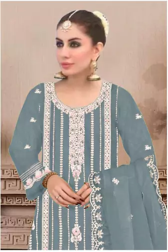 Light teal embroidered viscose chinon salwar suit