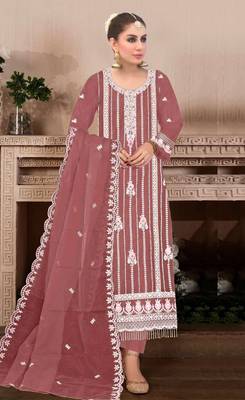 Brown embroidered viscose chinon salwar suit 1