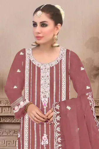 Brown embroidered viscose chinon salwar suit