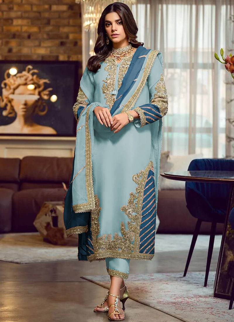 Sky blue georgette embroidery pakistani salwar suit