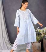 Sky blue anarkali chikankari kurta with white lace cotton pant set of 2