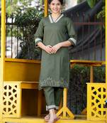 Green equisite lace embroidered slub kurta with green equisite lace slub pant set of 2