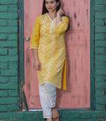 Yellow chikankari cotton kurta with white lace cotton pant set of 2