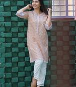 Peach chikankari cotton kurta with white lace cotton pant set of 2