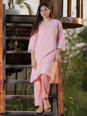 Peach chikankari cotton kurta with peach cotton pant set of 2 1