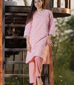 Peach chikankari cotton kurta with peach cotton pant set of 2