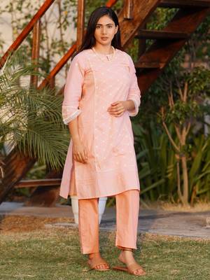 Peach chikankari cotton kurta with peach cotton pant set of 2 3