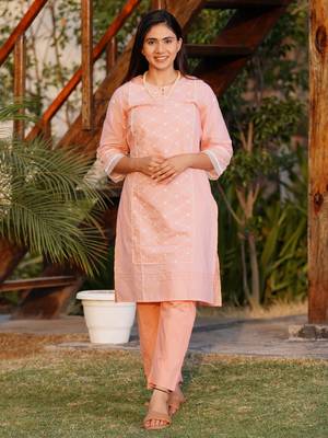 Peach chikankari cotton kurta with peach cotton pant set of 2 4