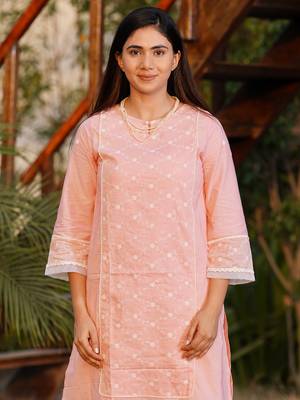 Peach chikankari cotton kurta with peach cotton pant set of 2 5