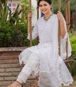 White chikankari cotton kurta with white lace cotton pant set of 2