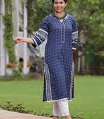 Blue printed cotton kurta with white cotton pant set of 2