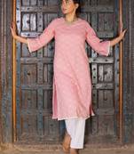 Pink chikankari round neck cotton kurta white cotton pant set of 2
