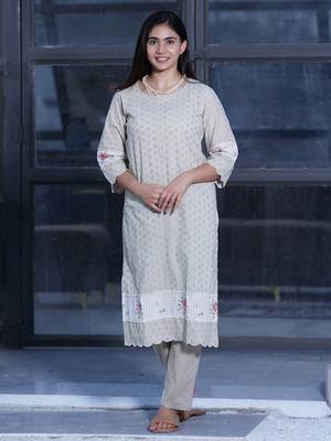 Brown cutwork embroidered cotton kurta with brown cotton pant set of 2 1