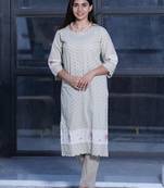 Brown cutwork embroidered cotton kurta with brown cotton pant set of 2