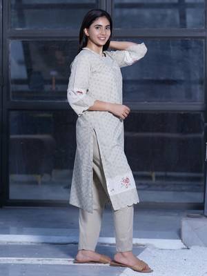 Brown cutwork embroidered cotton kurta with brown cotton pant set of 2 3