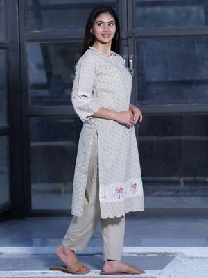 Brown cutwork embroidered cotton kurta with brown cotton pant set of 2 4
