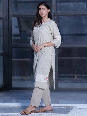 Brown cutwork embroidered cotton kurta with brown cotton pant set of 2 5
