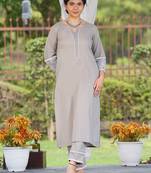 Grey hand embroidered cotton kurta with grey lace cotton pant set of 2