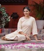 Beige chikankari cotton kurta with beige pintuck cotton pant set of 2