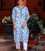 White blue printed cotton embroidered kurta with white pant set of 2