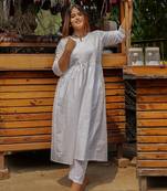 White chikankari cotton anarkali kurta with white cotton pant set of 2
