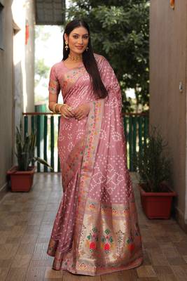 Peach Bandhej Paithani silk blend Weaved Saree With Blouse 1