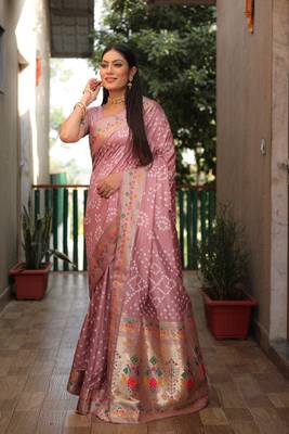 Peach Bandhej Paithani silk blend Weaved Saree With Blouse 2