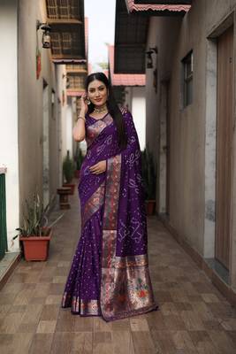 Wine Bandhej Paithani silk blend Weaved Saree With Blouse 1