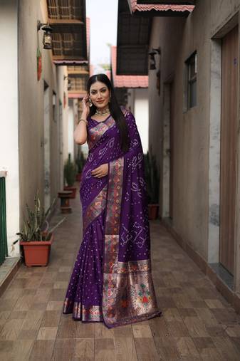 Wine Bandhej Paithani Silk Weaved Saree With Blouse