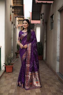 Wine Bandhej Paithani silk blend Weaved Saree With Blouse 2