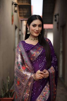 Wine Bandhej Paithani silk blend Weaved Saree With Blouse 3