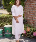 Pink chikankari cotton kurta with pink embroidered cotton pant set of 2