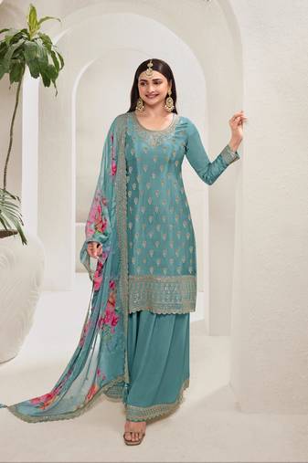 Sky embroidered chinon salwar suit