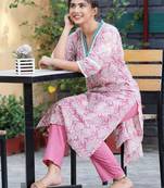Rani pink printed cotton kurta with rani pink cotton pant set of 2