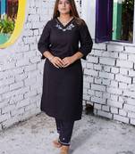 Black embroidered cotton kurta with black embroidered cotton pant set of 2