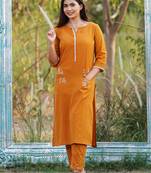 Musturd embroidered cotton kurta with musturd embroidered cotton pant set of 2