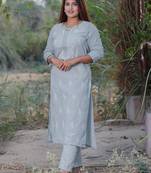 Sky blue lucknowi chikankari cotton kurta with embroidered cotton pant set of 2