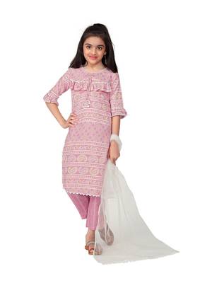 Pink printed cotton blend kurta trouser set with dupatta girls 1