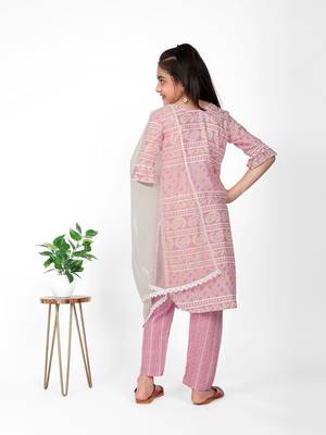 Pink printed cotton blend kurta trouser set with dupatta girls 2